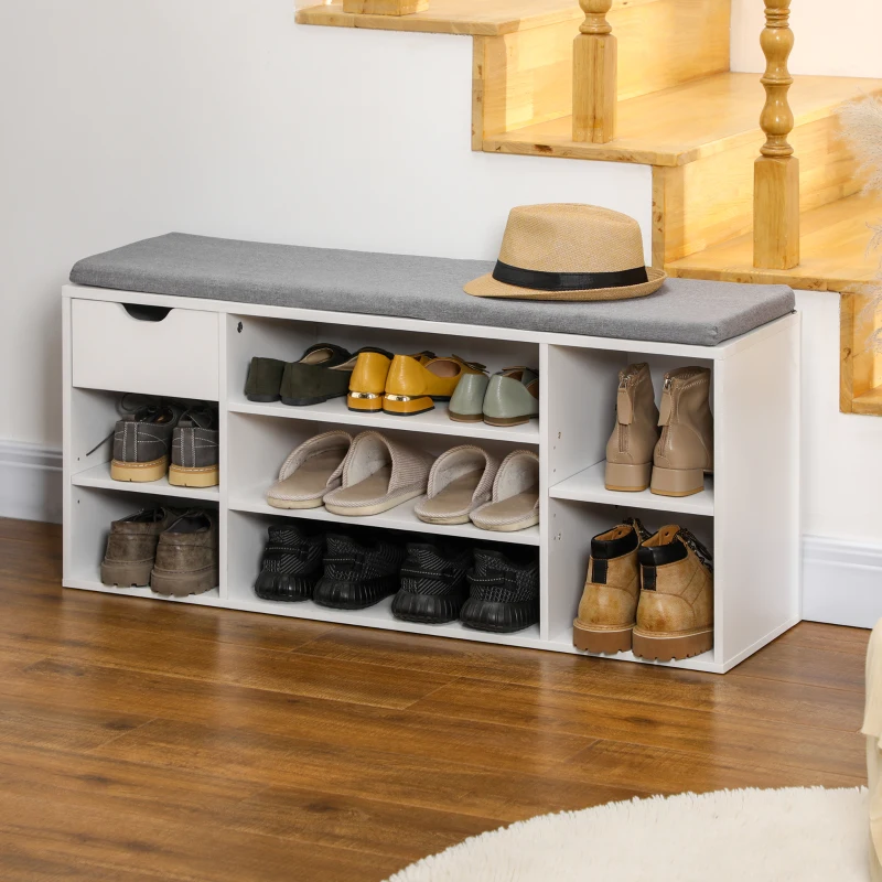 HOMCOM Banc à chaussures avec coussin d'assise, compartiments ouverts et tiroir, 101 x 29 x 47,5 cm, blanc et gris