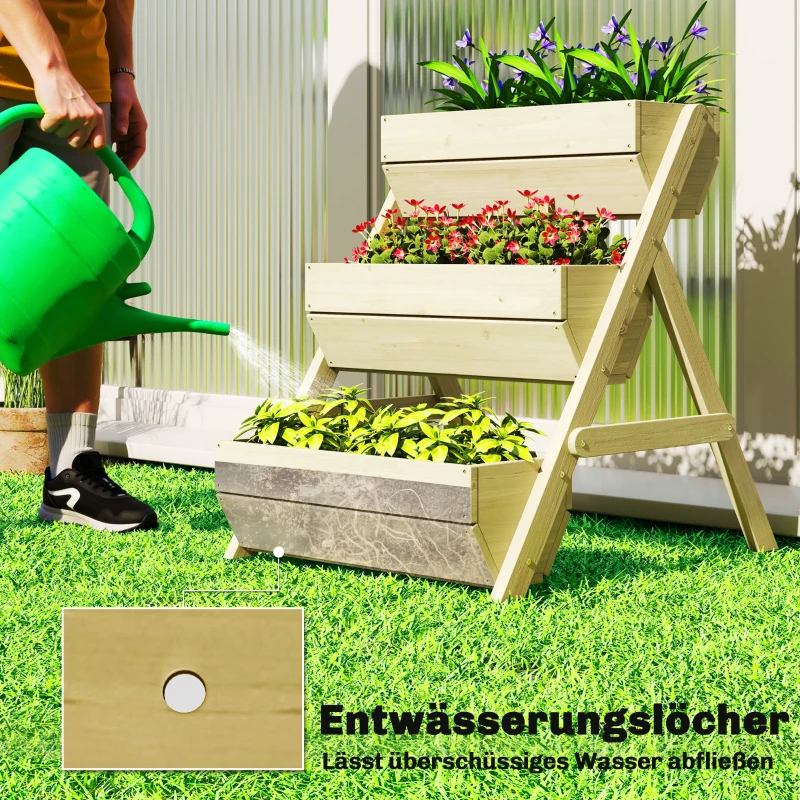 Outsunny Vertikales Hochbeet mit 3 Etagen Vertikalbeet aus Holz Blumenkasten mit 3 Pflanzkästen Ablauflöchern Grün