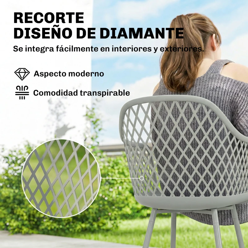 Outsunny Juego de 4 Sillas de Jardín Exterior de PP con Respaldo Diamante Asiento Anti-UV Reposabrazos y Patas Metálicas Gris