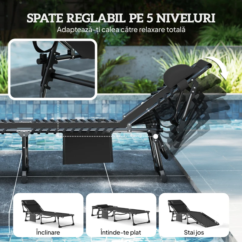 Outsunny Set de 2 Șezlonguri de Grădină Pliabile, Reglabile pe 5 Niveluri, cu Perne, Șezlonguri Textilenă cu Buzunar Lateral, Mâner, pentru Plajă, Piscină, 57x200x38 cm, Negru