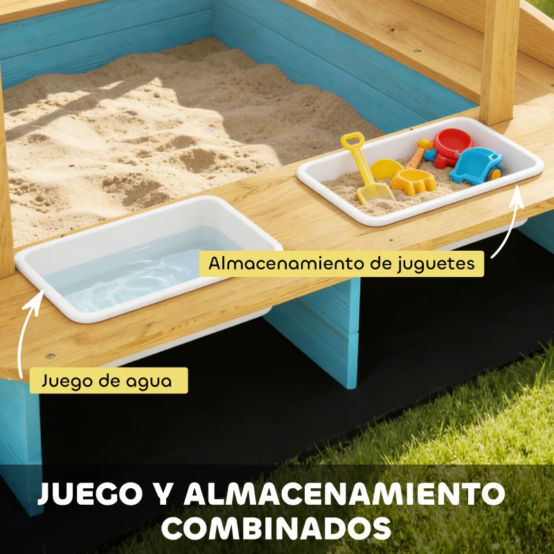 AIYAPLAY Arenero para Niños de Madera con Techo 3 Bancos 2 Cajas de PP Forro para Niños de 3-6 Años 128x118x121 cm Azul