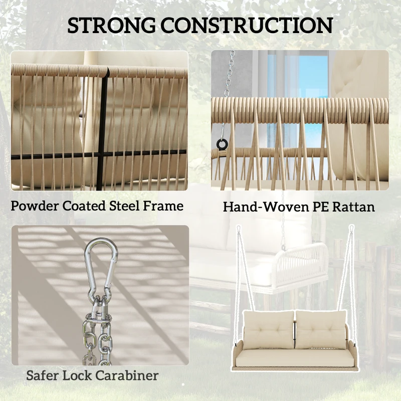 Outsunny Banc Suspendu Extérieure 2 Places en Résine Tressée avec Coussins et Chaînes en Acier, 115x66x44cm, Beige