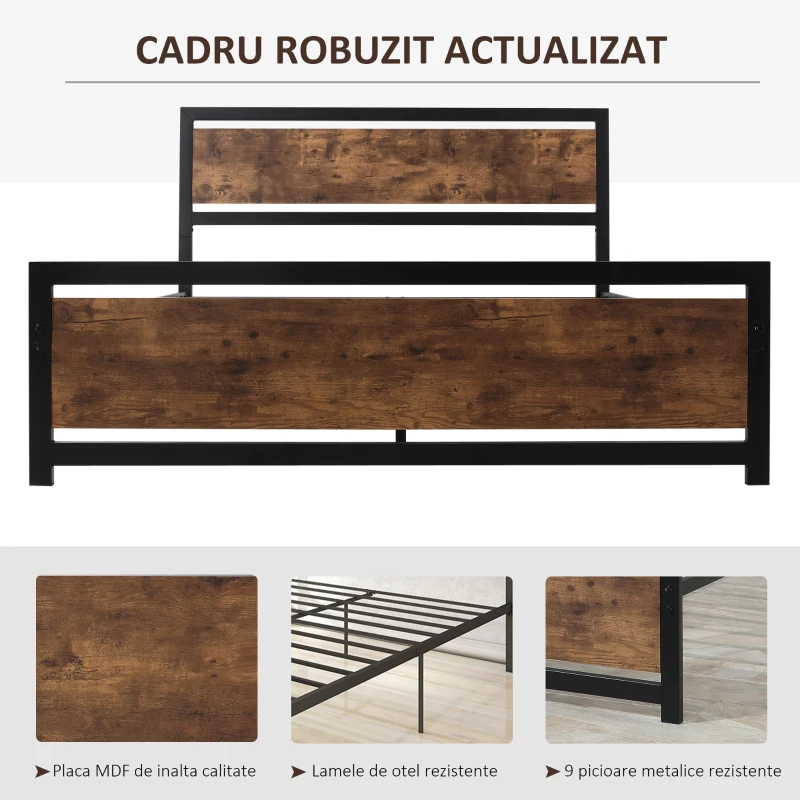 HOMCOM Cadru Pat Matrimonial din Lemn si Otel cu Sipci in Stil Industrial 160x200cm