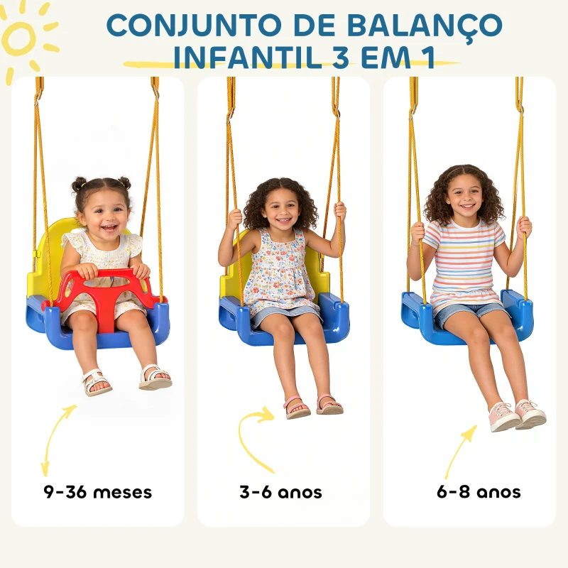 AIYAPLAY Baloiço para Bebés 3 em 1 Baloiço Jardim com Cordas Ajustáveis Cinto de Segurança Estrutura em A Dobrável 128x155x157 cm Azul