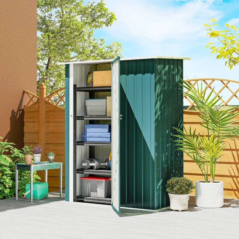 Outsunny Capanno Porta Attrezzi in Metallo con Tetto Inclinato e Porta Bloccabile, 142x86x189 cm, Verde