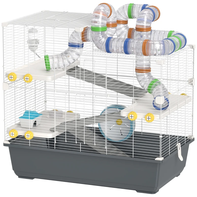 PawHut Cușcă pentru hamster pitic, 4 nivele, sistem de tuneluri, căsuță, accesorii, deschidere superioară, 78 x 45 x 73 cm, Gri