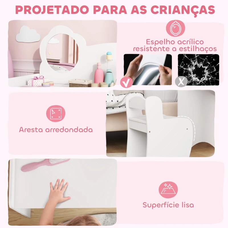 AIYAPLAY Toucador para Crianças com Banco e Espelho em Forma de Flor com Compartimentos Abertos 70x39x92,5 cm Branco