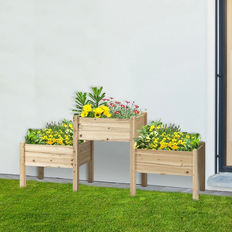 Outsunny Jardineira Elevada Quadrada Horta 2 andares dim. 184L x 45l x 80H cm Inserções de irrigação Madeira de Pinho pré-oleada