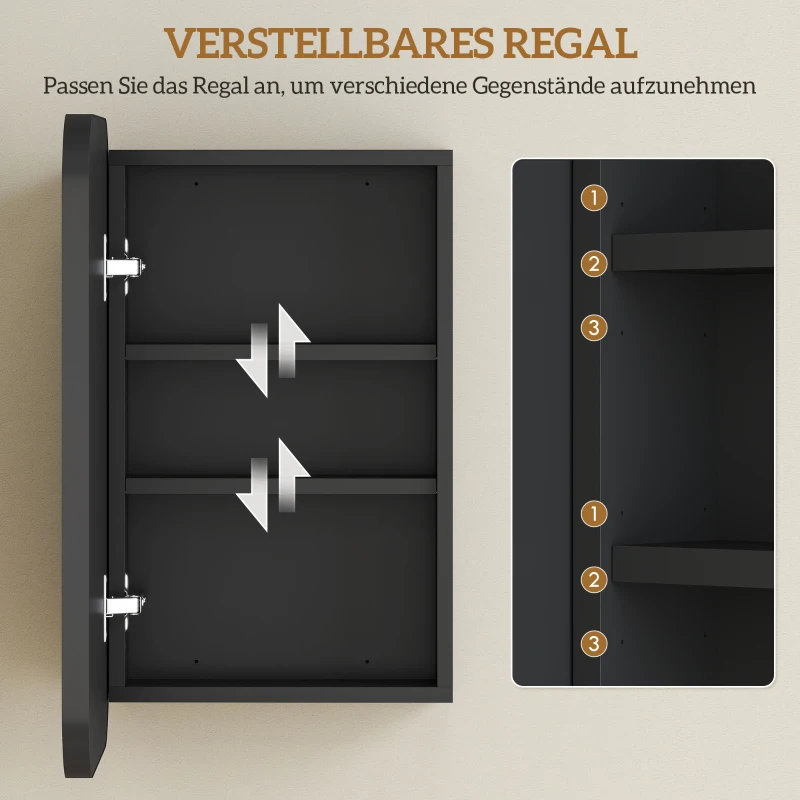HOMCOM Spiegelschrank Bad, Badezimmerschrank mit Spiegel, Hängeschrank mit Verstellbarem Regal, 40 x 10 x 60 cm, Schwarz