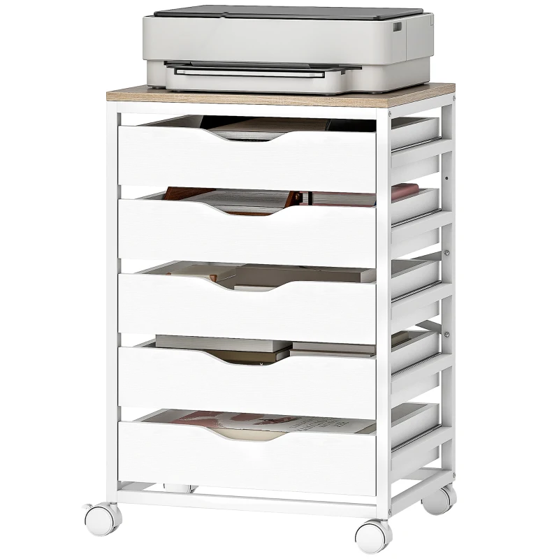 HOMCOM Corp birou mobil, mobilier de depozitare pe roți din lemn cu 5 sertare, mânere încastrate, 50 x 40 x 74,5 cm , alb