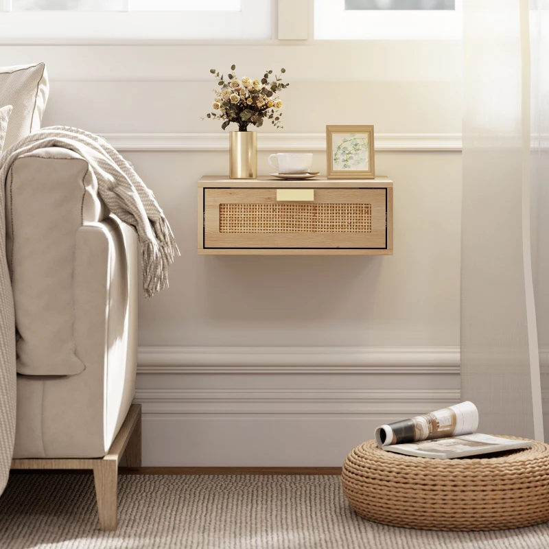 HOMCOM Conjunto de 2 Mesas de Cabeceira Flutuantes com Gaveta de Vime Poupa Espaço Design Moderno 40x30x15 cm Carvalho