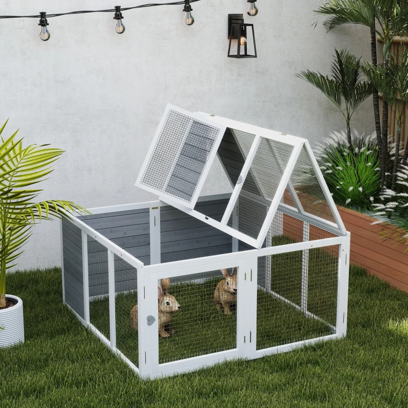 PawHut Cușcă exterioară pentru animale mici, cușcă pentru iepuri, construcție din lemn, pliabilă, pentru interior și exterior, Gri deschis