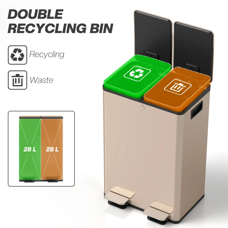 HOMCOM 56L Dual Compartment Stainless Steel Bin, with Deodoriser Holders - Gold Tone