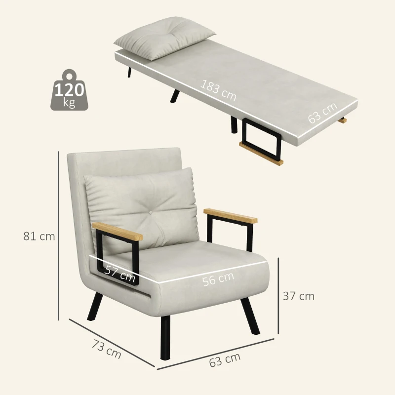 HOMCOM Fotoliu Pat 3 în 1 cu Spătar Reglabil și Pernă, din Material cu Efect de Catifea, 63x73x81 cm, Crem(m-3)