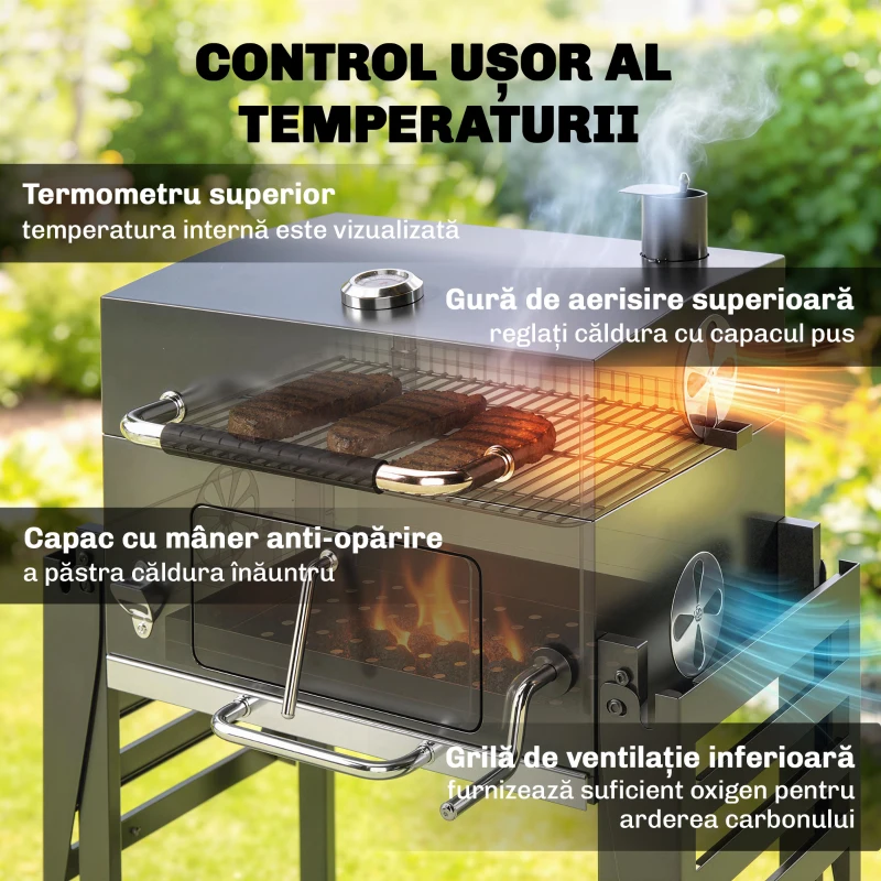 Outsunny grătar pe cărbune, grilă reglabilă, rafturi rabatabile, termometru.