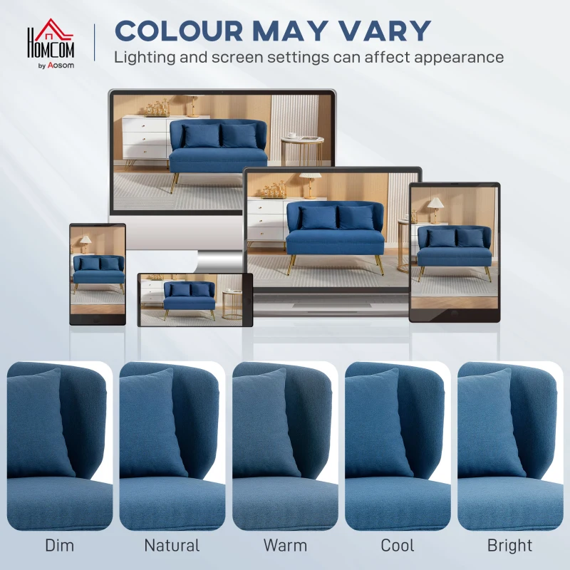 HOMCOM 2 Seater Sofa, Linen-look Fabric Small Sofa with Wing Back, Thick Seat, Metal Legs, Dark Blue