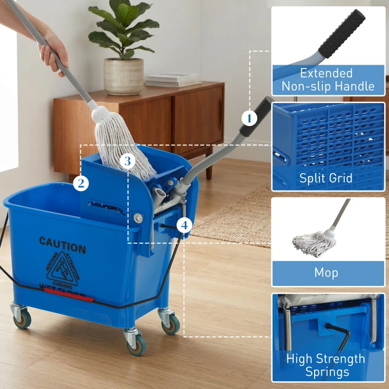 HOMCOM Wischeimer mit Auswringer Wassertrennblech und Rollen Fassungsvermögen 20L für Haushaltsreinigung 45x26,5x70 cm Blau