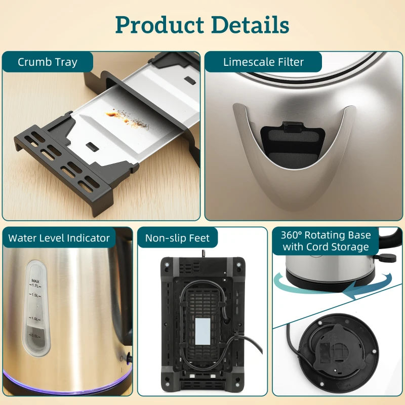 HOMCOM Simple Polished Toaster and Kettle Set - Silver Tone