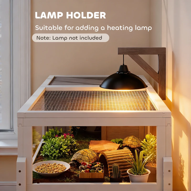 PawHut Drewniane terrarium dla żółwi z domkiem, oknem i pokrywą, 104 cm x 53 cm x 82 cm, Biały+Szary