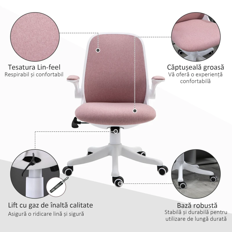 Vinsetto Scaun de Birou Ergonomic Reglabil pe Înălțime, din Material cu Efect de Catifea, 62.5x60x94-104 cm, Alb și Roz