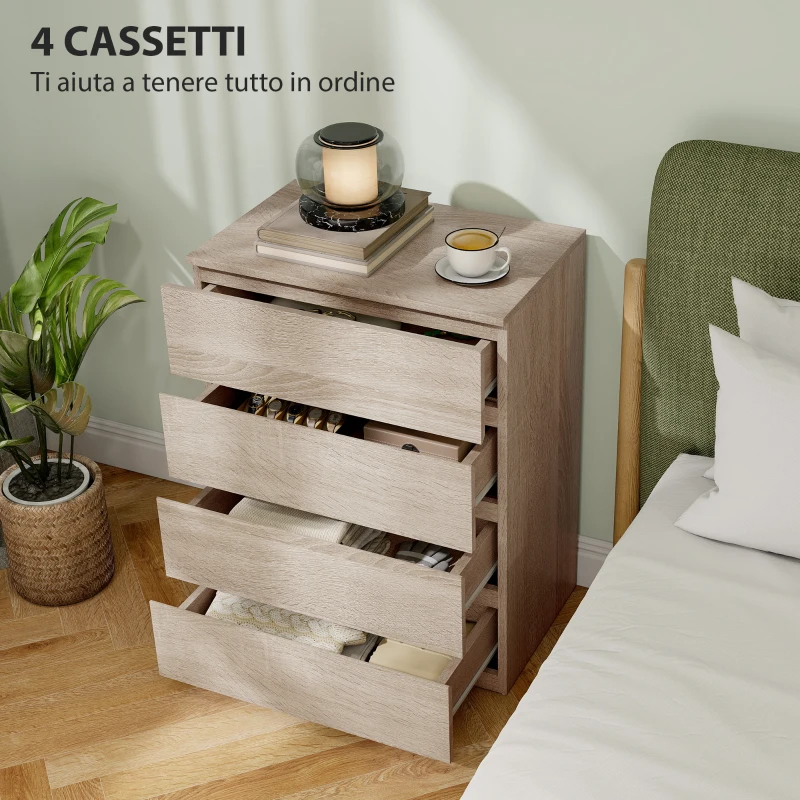 HOMCOM Cassettiera 4 Cassetti in Legno con Guide in Metallo e Maniglie Scanalate, 60x40x80 cm, color Faggio