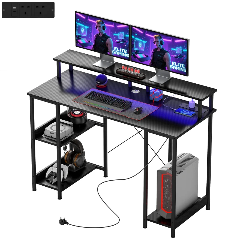 HOMCOM LED Computer Desk, with Power Outlets and Shelves - Carbon Fibre Grey