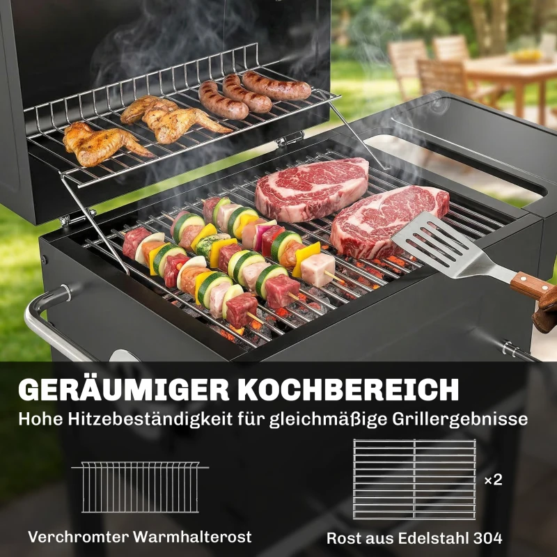 Outsunny Houtskoolgrill Compacte grillwagen met deksel thermometer grillrooster zijtafel aslade ventilatieopeningen