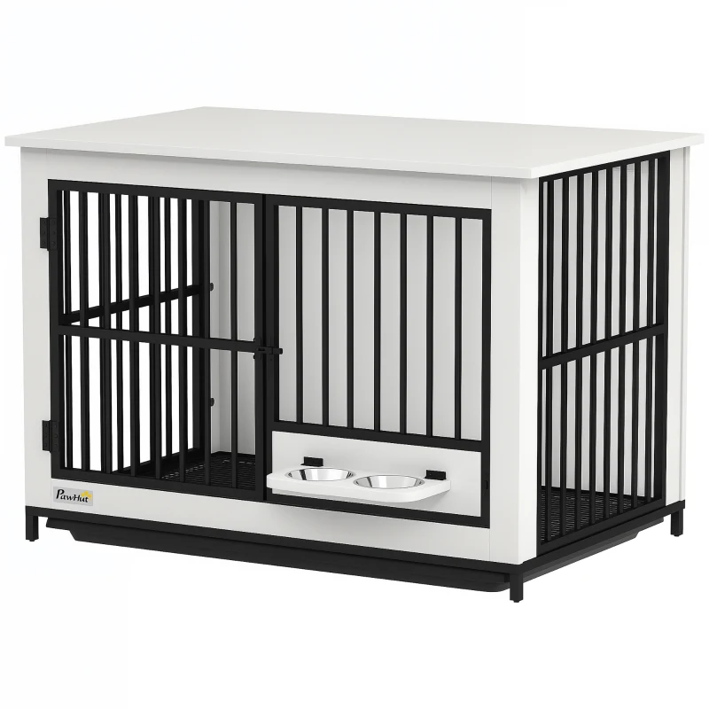 PawHut Cușcă mare pentru câini, acces ușor, închidere cu încuietoare, suport rotativ pentru boluri, pentru câini mici și mari, alb