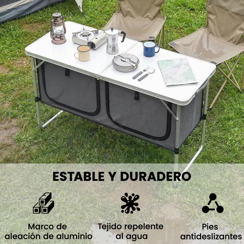 Outsunny Mesa de Cocina de Camping Plegable con Armario de Tela Oxford Marco de Aluminio para Picnic 120x47x70 cm Plateado