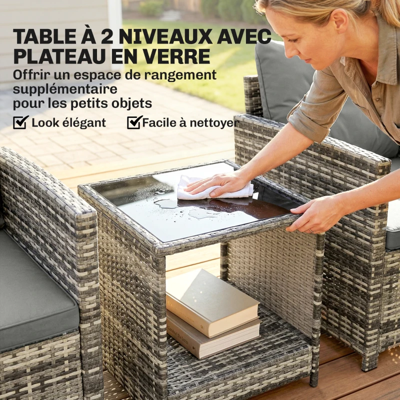 Outsunny Salon de Jardin Extérieur 3 Pièces en Résine Tressée Table et 2 Fauteuils avec Coussins, 62x65x75cm, Gris Clair