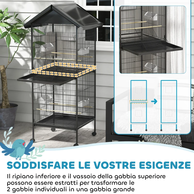PawHut Voliera per Uccelli a Rotelle con Vassoi Estraibili in Plastica e Posatoi, in Metallo, 71.8x71.8x170.2 cm, Nero