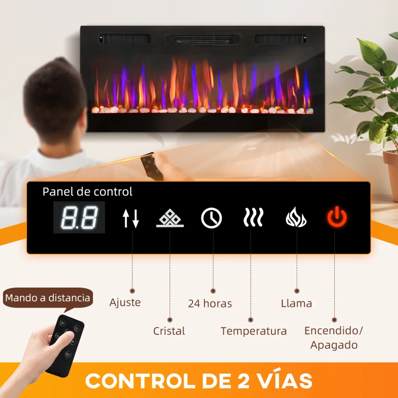 HOMCOM Chimenea Eléctrica Pared Empotrable Ultrafina con Llama 3D Brillo/Velocidad Ajustable y 12 Colores Guijarros 900/1800W