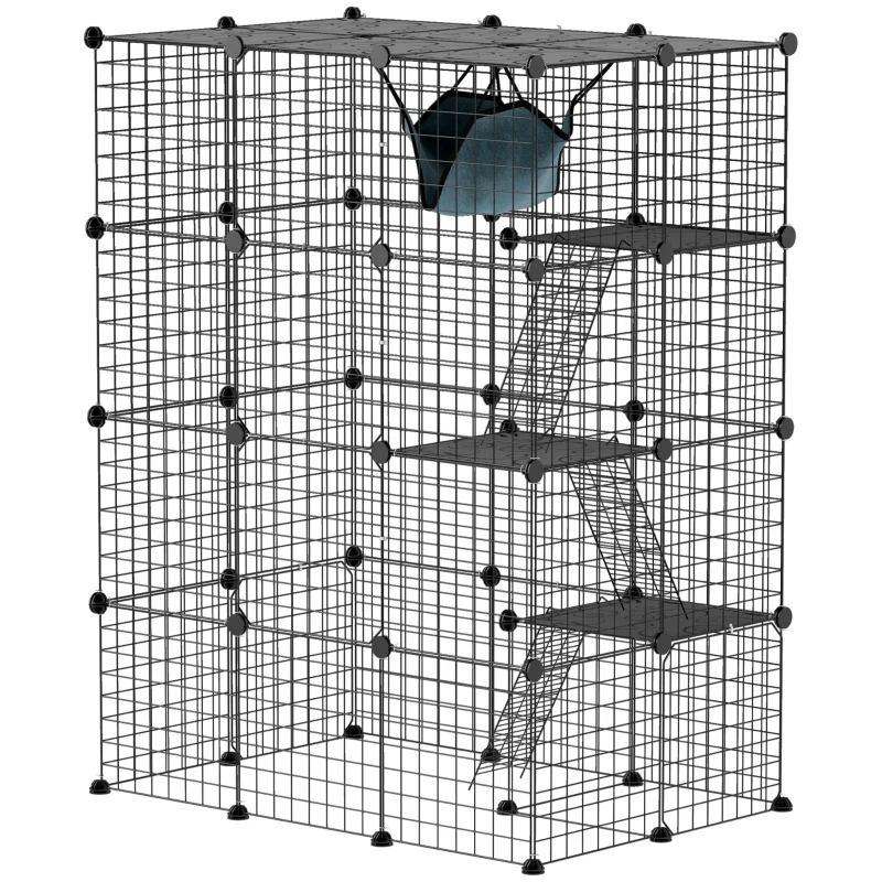 PawHut Cușcă pentru pisici de interior parc pentru pisici din oțel la 4 nivele DIY cu 5 uși hamac 1-3 pisici 105 x 70 x 140 cm negru