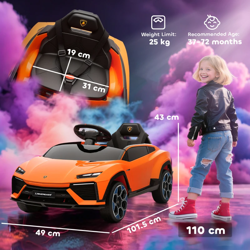 AIYAPLAY Mașinuță electrică pentru copii cu licență Lamborghini, claxon și telecomandă, 101,5x49x43 cm, portocaliu
