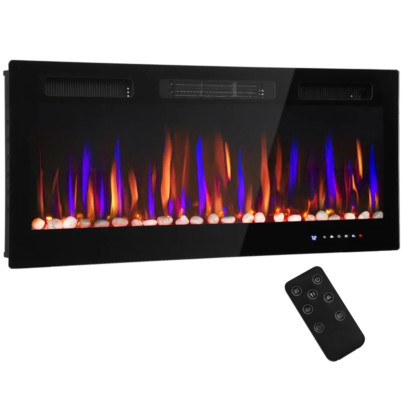 HOMCOM Chimenea Eléctrica Pared Empotrable Ultrafina con Llama 3D Brillo/Velocidad Ajustable y 12 Colores Guijarros 900/1800W