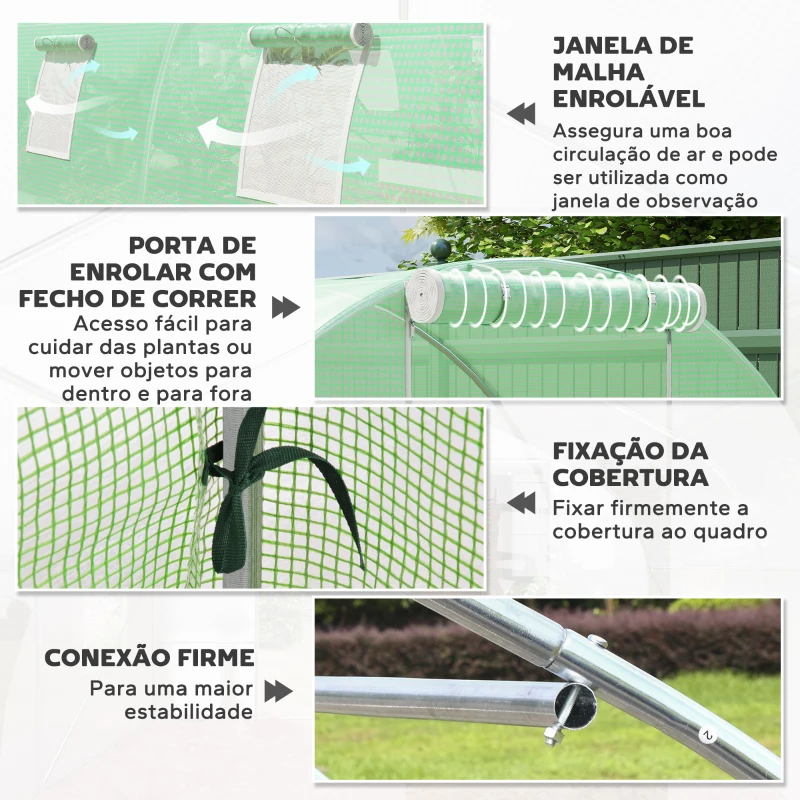 Outsunny Estufa Tipo Túnel 6x3x2 m com Paredes Laterais Enroláveis 8 Janelas de Malha e Porta Enrolável com Fecho de Correr Verde