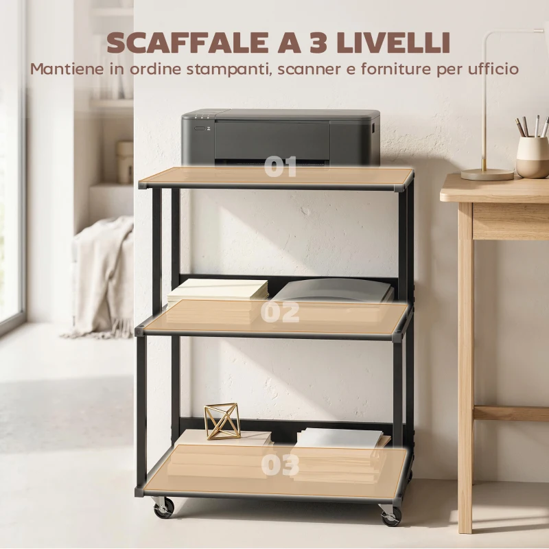 HOMCOM supporto stampante 3 livelli con ruote, tavolino industriale metallo ufficio, nero.