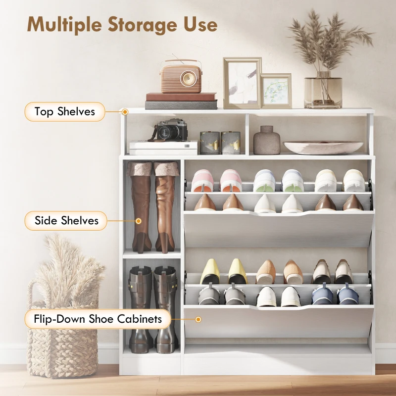 HOMCOM Szafka na buty z 2 klapami, uchylna szafka z regulowanymi przegrodami, otwartą półką na 12 par butów 89 x 25 x 92 cm biała
