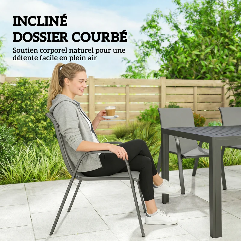 Outsunny Table de jardin extérieure avec 6 chaises empilables, plateau à lattes 150 cm structure en acier anti-rouille gris clair