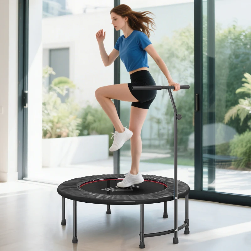 HOMCOM Trampoline de Fitness / Gymnastique Haute Performance Ø 100 cm élastiques Bungee + Guidon Hauteur réglable 116-132 cm Noir