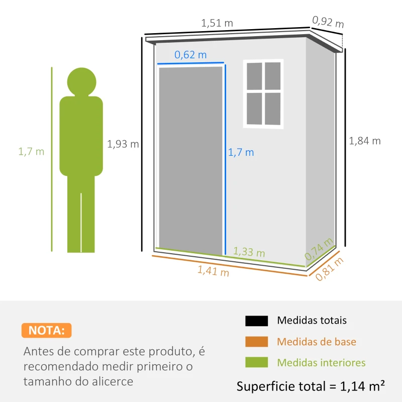 Outsunny Abrigo de Jardim 1,14 m² 151x92x193 cm Abrigo de Exterior Metálico com Chão Porta de Correr Janela e Teto Inclinado Cinzento