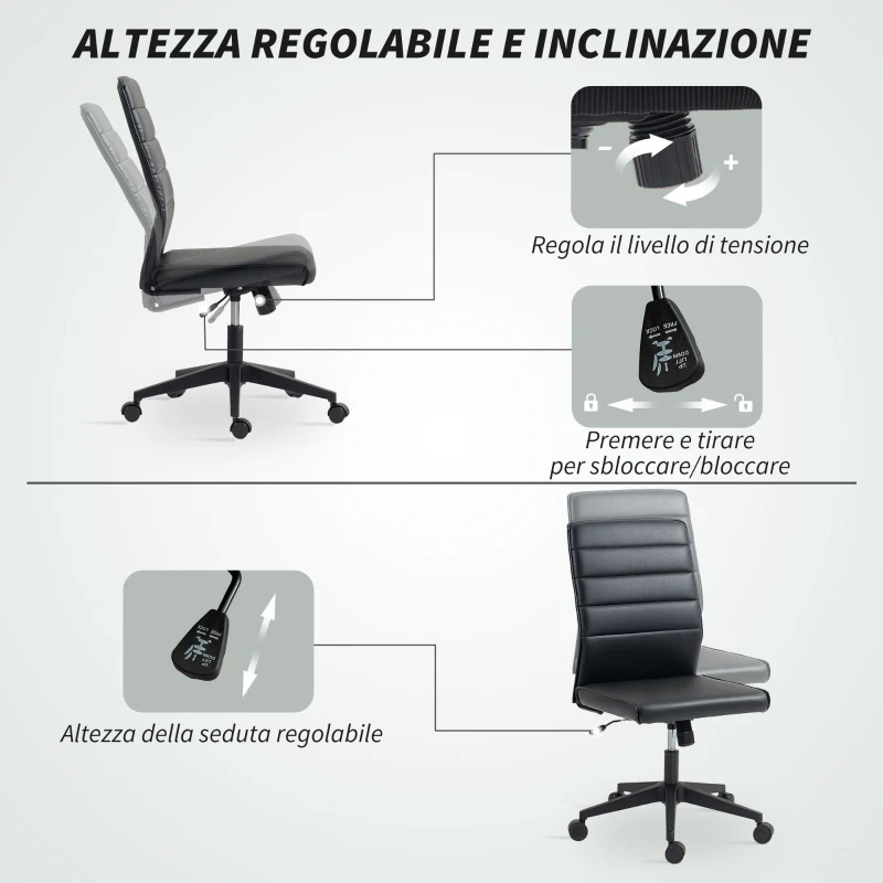 HOMCOM Sedia da Ufficio Ergonomica e Regolabile con Schienale Ricurvo, in Pelle PU e Acciaio, 58x53x97-107 cm, Nero