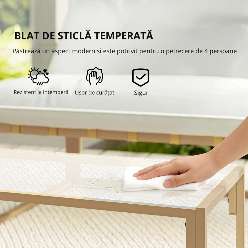 Set mobilier pentru grădină 4 piese Outsunny, set pentru terasă cu masă cu blat din sticlă securizată, canapea, 2 fotolii, Alb