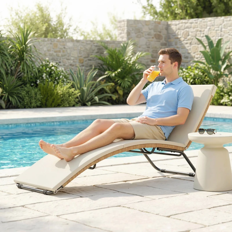 Outsunny Șezlong Prendisole din Ratan în Formă S cu Pernă, Șezlong de Grădină cu Cadru din Oțel, pentru Terasă, Plajă, Piscină, Grădină, 175x57x80cm, Crem