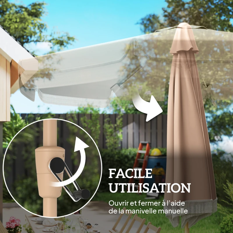 Outsunny Parasol de jardin extérieur 266 cm, parasol inclinable, franges, manivelle, 8 baleines, toile polyester 180 g/m², kaki