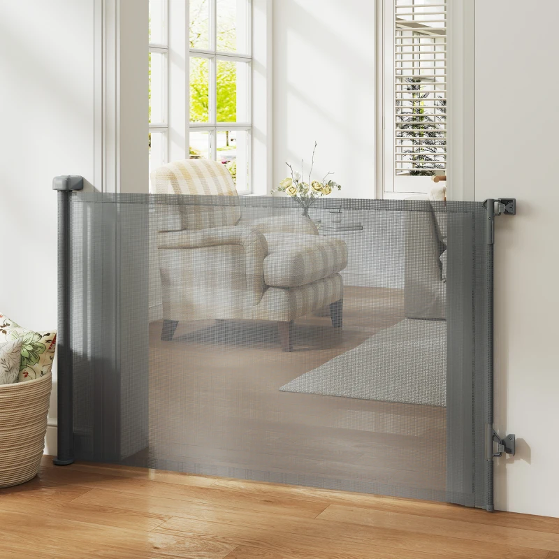 PawHut Barreira de Segurança Retrátil para Cães Extensível até 140 cm de Largura para Escadas e Portas Cinzento