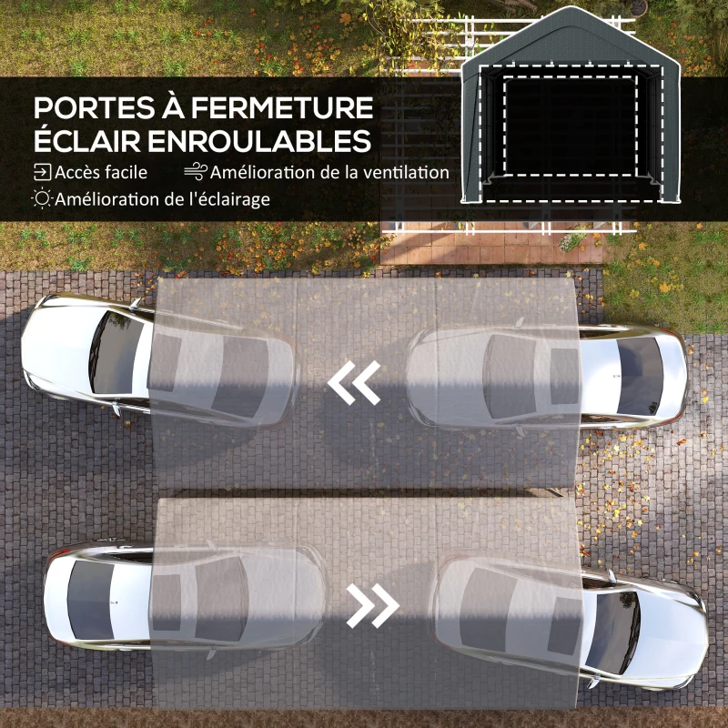 Outsunny Carport tente de garage 3 x 6 m, abri voiture extérieur, parois latérales amovibles, 2 portes zippées enroulables, gris