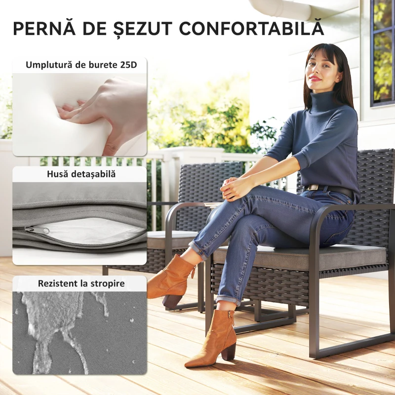 Outsunny Set de Grădină 3 Piese din Rattan PE și Oțel, Set cu 2 Fotolii și Perne Lavabile, Masă de Cafea cu Blat din Sticlă, Mobilier de Balcon pentru Terasă sau Curte, Gri Închis și Negru