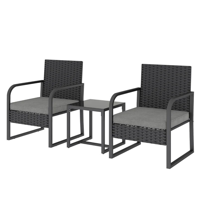 Outsunny Set de Grădină 3 Piese din Rattan PE și Oțel, Set cu 2 Fotolii și Perne Lavabile, Masă de Cafea cu Blat din Sticlă, Mobilier de Balcon pentru Terasă sau Curte, Gri Închis și Negru