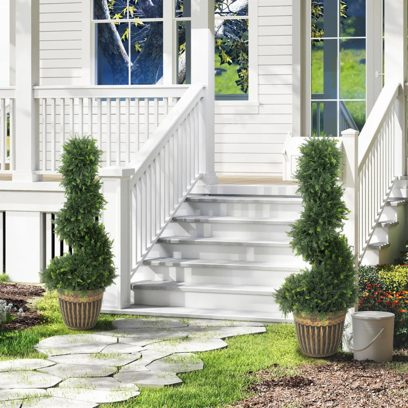 HOMCOM Set of 2 Artificial Plants, Topiary Spiral Boxwood Cypress Trees with Pot, for Home Indoor Outdoor Decor, 90cm